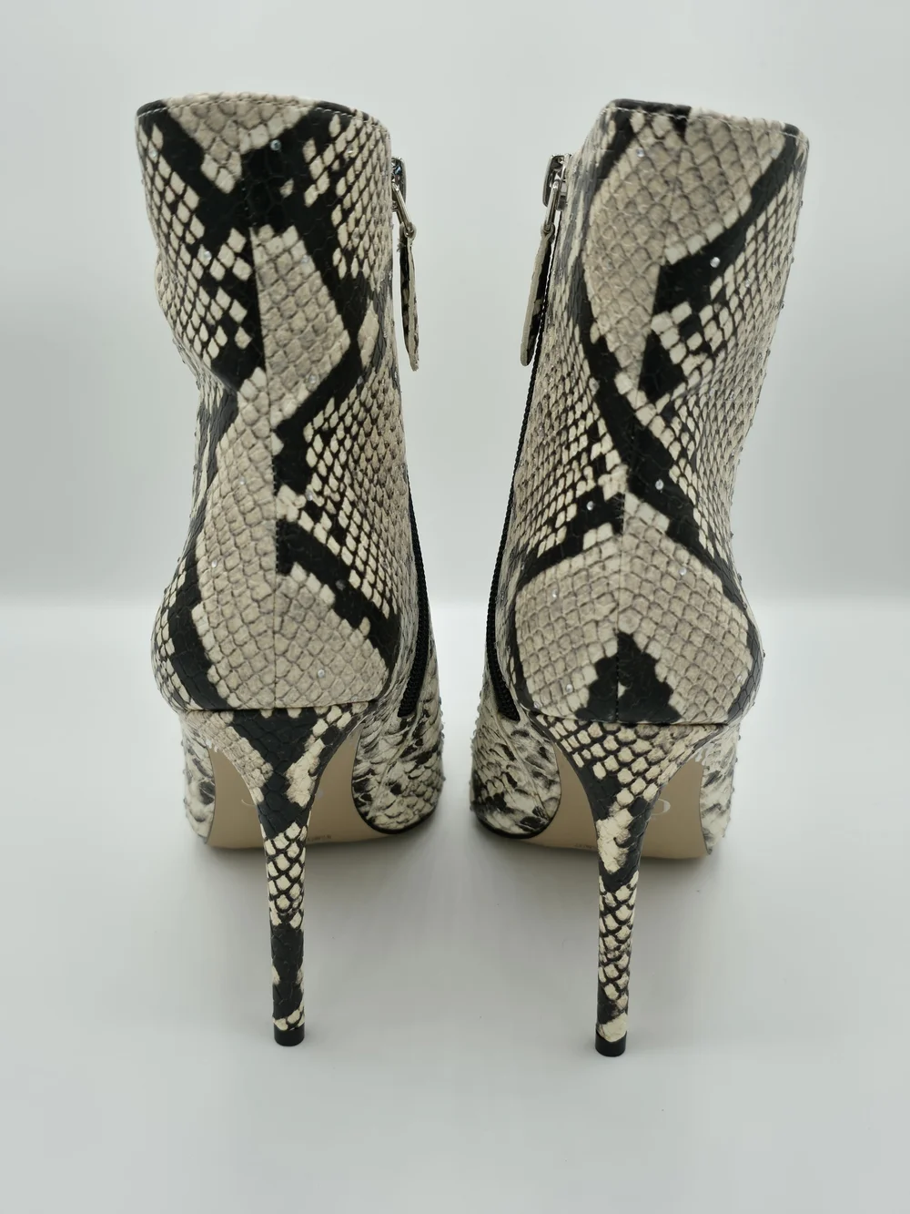 Jennifer Lopez Black and Cream Snake-Print Stiletto Ankle Boots with Crystals